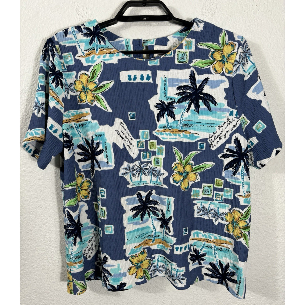 Vintage Simply Susan Hawaiian Shirt Size 1X Blue‎ Floral Short Sleeve Polyester